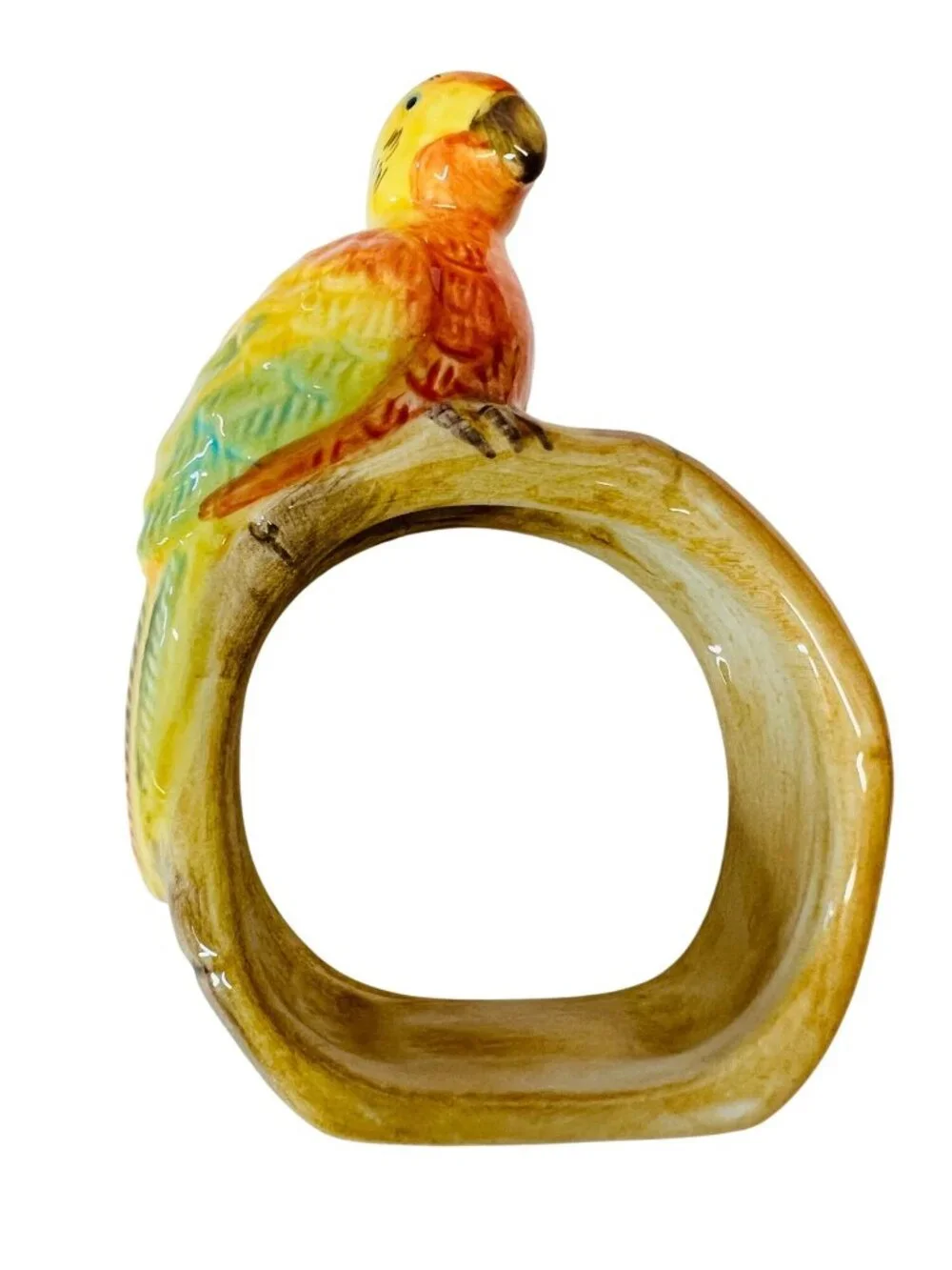 Retro 1980s Ceramic Parrot Napkin Rings & Bamboo Caddy Set MCM Tropical Decor